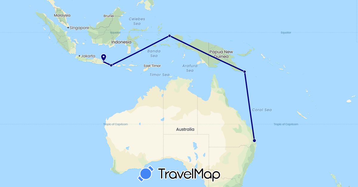 TravelMap itinerary: driving in Australia, Indonesia, Papua New Guinea (Asia, Oceania)